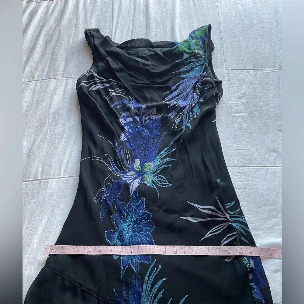 Vintage Eva Blue Dark Floral Beaded Cowl Neck Asymmetric Slip Dress 8 Fairycore - Picture 7 of 8